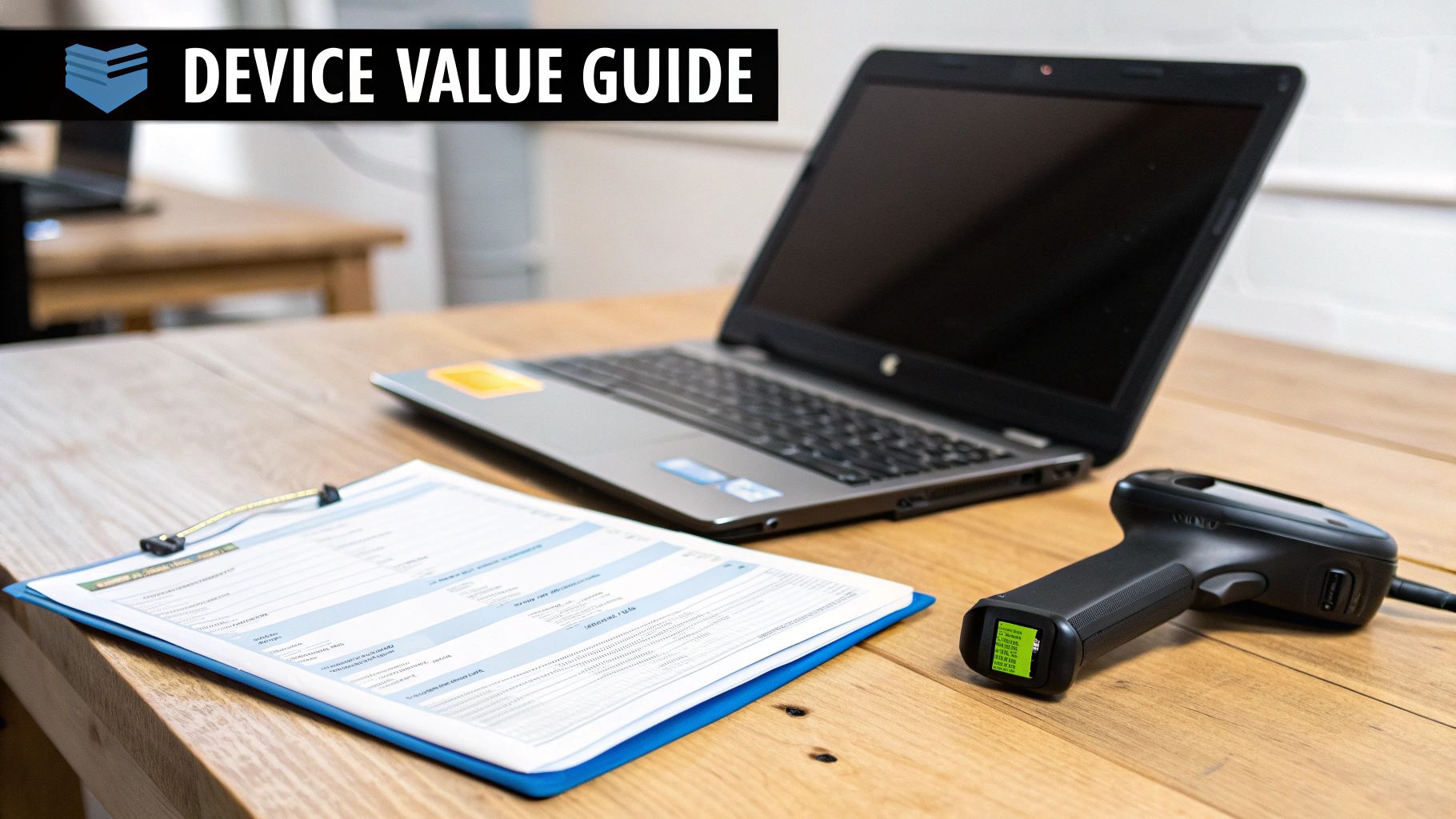 A laptop, document on a clipboard, and a barcode scanner on a wooden desk with a 'DEVICE VALUE GUIDE' banner.