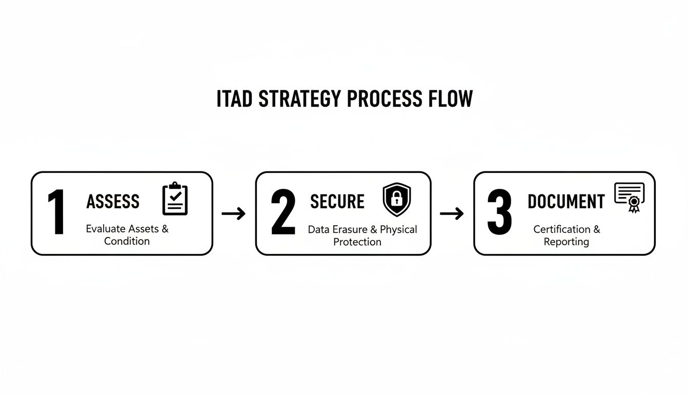 Flowchart showing the ITAD strategy process: Assess, Secure, and Document steps with icons.