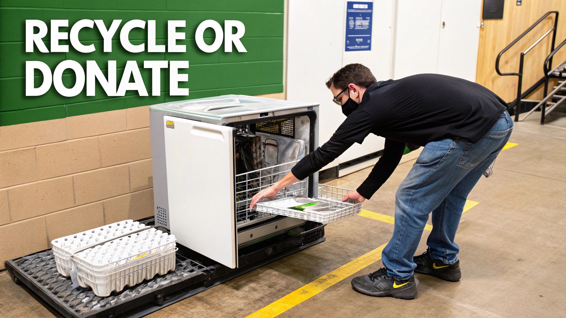 A man in a mask pulls a rack from a small appliance with "RECYCLE OR DONATE" text on the wall.
