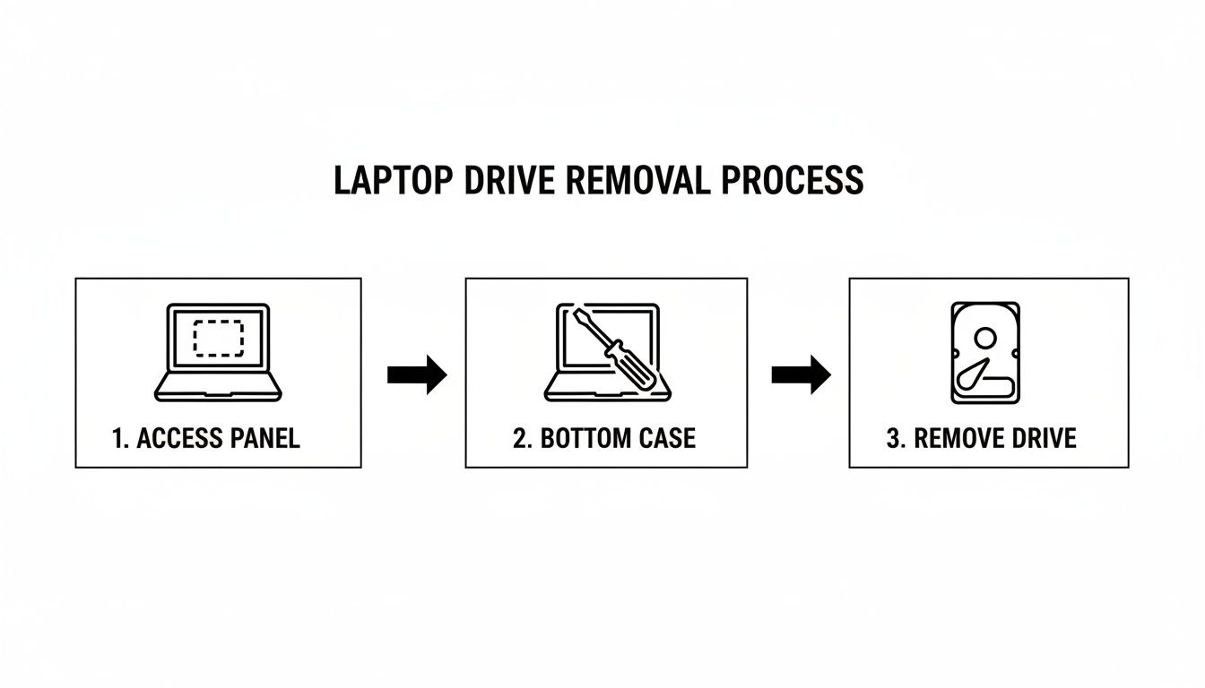 Diagram illustrating the three steps of laptop hard drive removal: access panel, bottom case, remove drive.