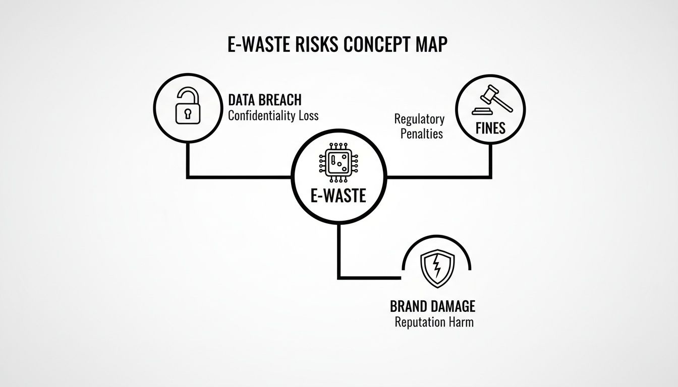 Concept map illustrating e-waste risks including data breaches, regulatory fines, and brand damage.