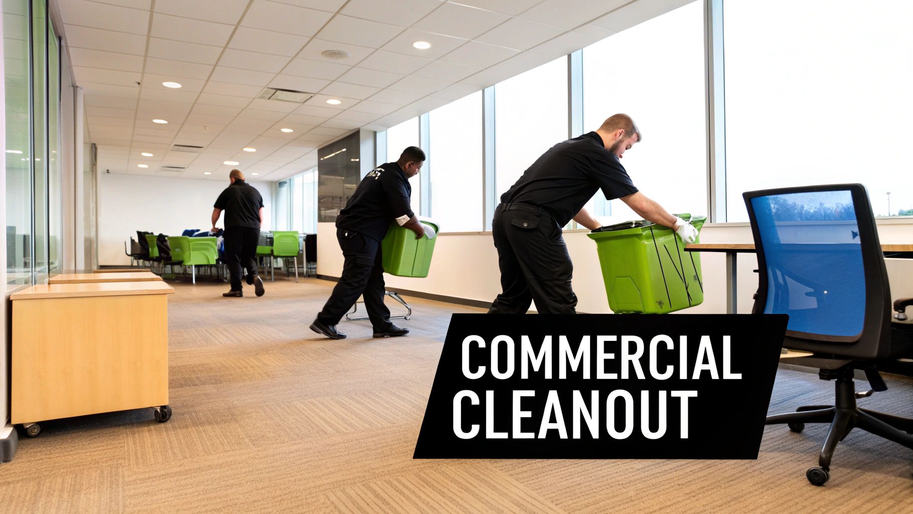 Three workers move green bins during a commercial office cleanout service in a bright modern space.