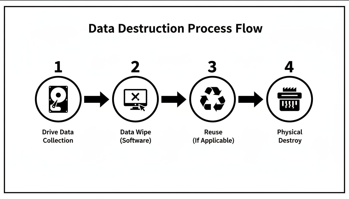 A data destruction process flow chart detailing four steps: drive data collection, data wipe, reuse, and physical destroy.