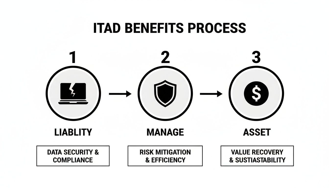 ITAD benefits process illustrating steps from liability to asset, covering security, management, and value.