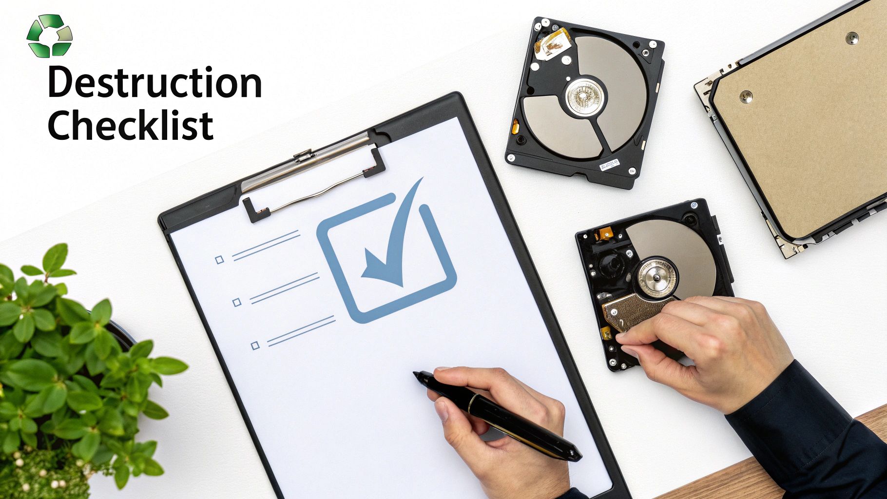 A person marks a data destruction checklist next to disassembled hard drives, emphasizing secure data disposal.
