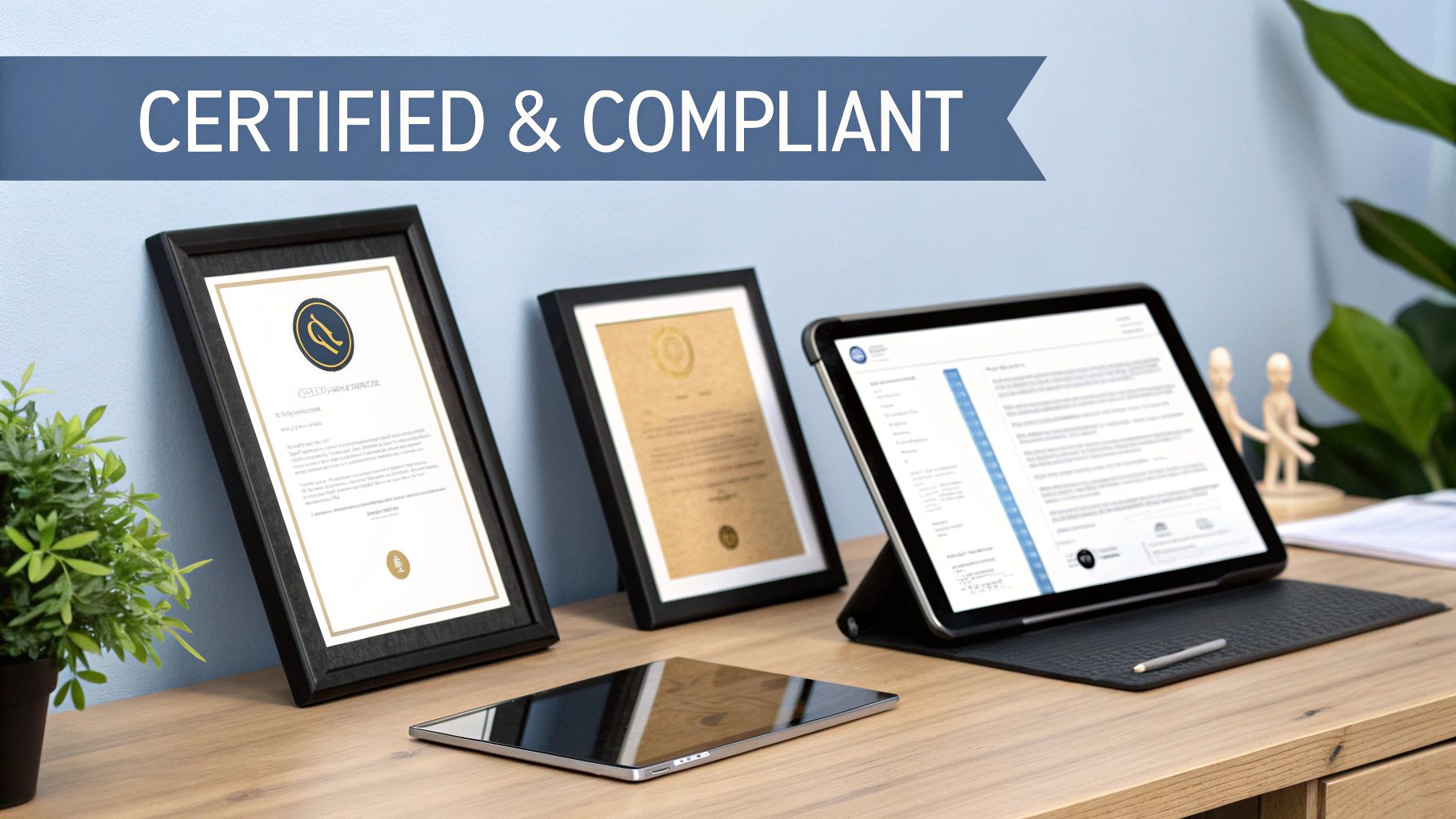 A professional desk setup with framed certifications, a tablet displaying documents, and a 'Certified & Compl' banner.