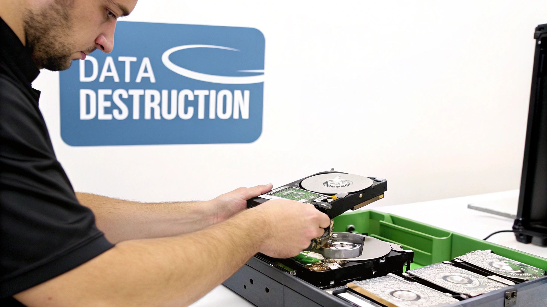 Technician performing data destruction on hard drives with visible "DATA DESTRUCTION" logo, emphasizing secure data disposal for IT asset recovery in Georgia.
