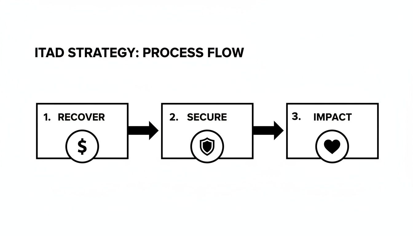 ITAD strategy process flow diagram illustrating steps: Recover with dollar symbol, Secure with shield icon, and Impact with heart icon, relevant to Reworx Recycling's ITAD services in Indiana.