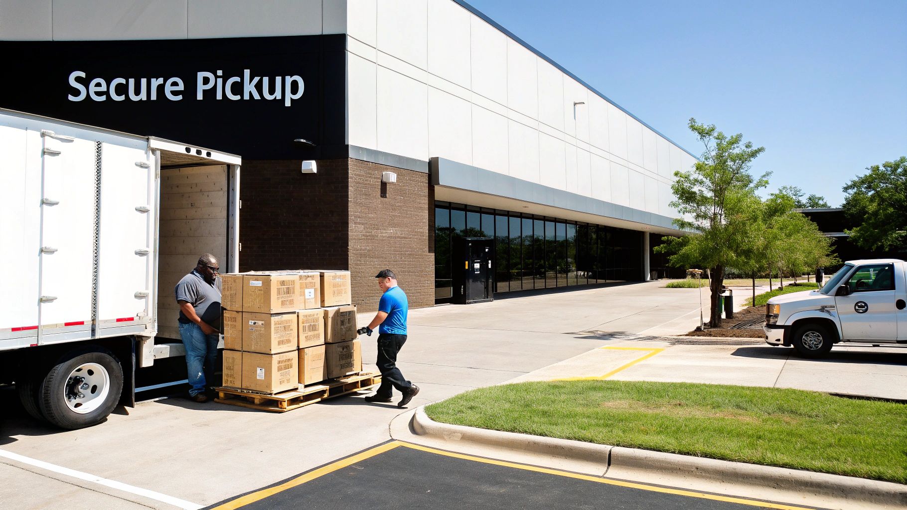 Two men unload cardboard boxes from a white delivery truck at a building labeled "Secure Pickup".