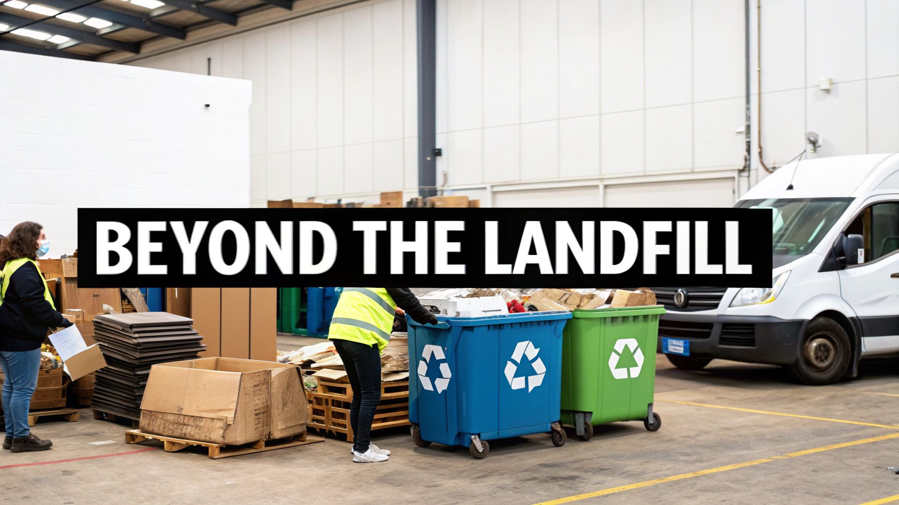 Workers sort materials into blue and green recycling bins in a warehouse with text 'Beyond the Landfill'.