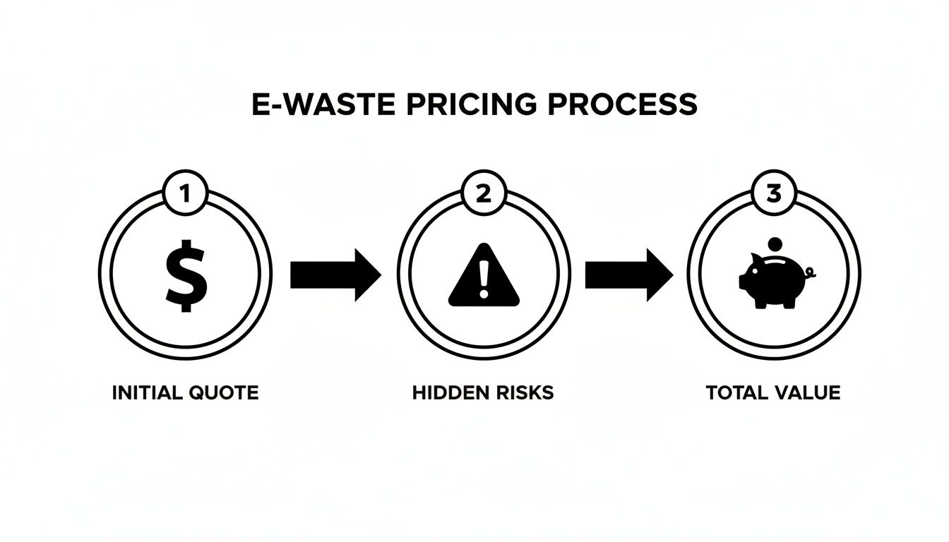 E-waste pricing process diagram: initial quote, hidden risks, and total value calculation for recycling.
