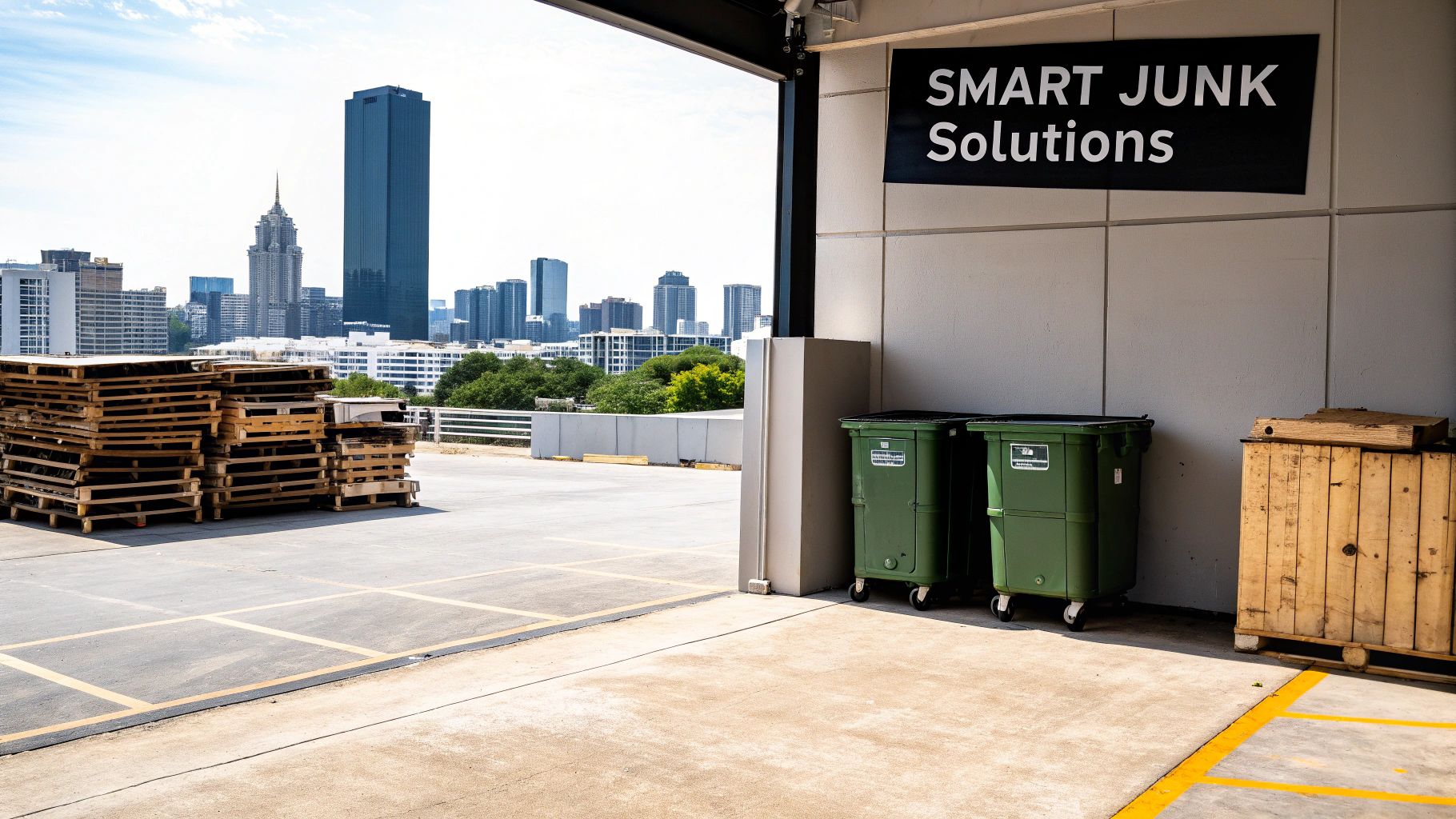An outdoor industrial area with stacked wooden pallets, green dumpsters, a 'SMART JUNK Solutions' sign, and a city skyline in the background.