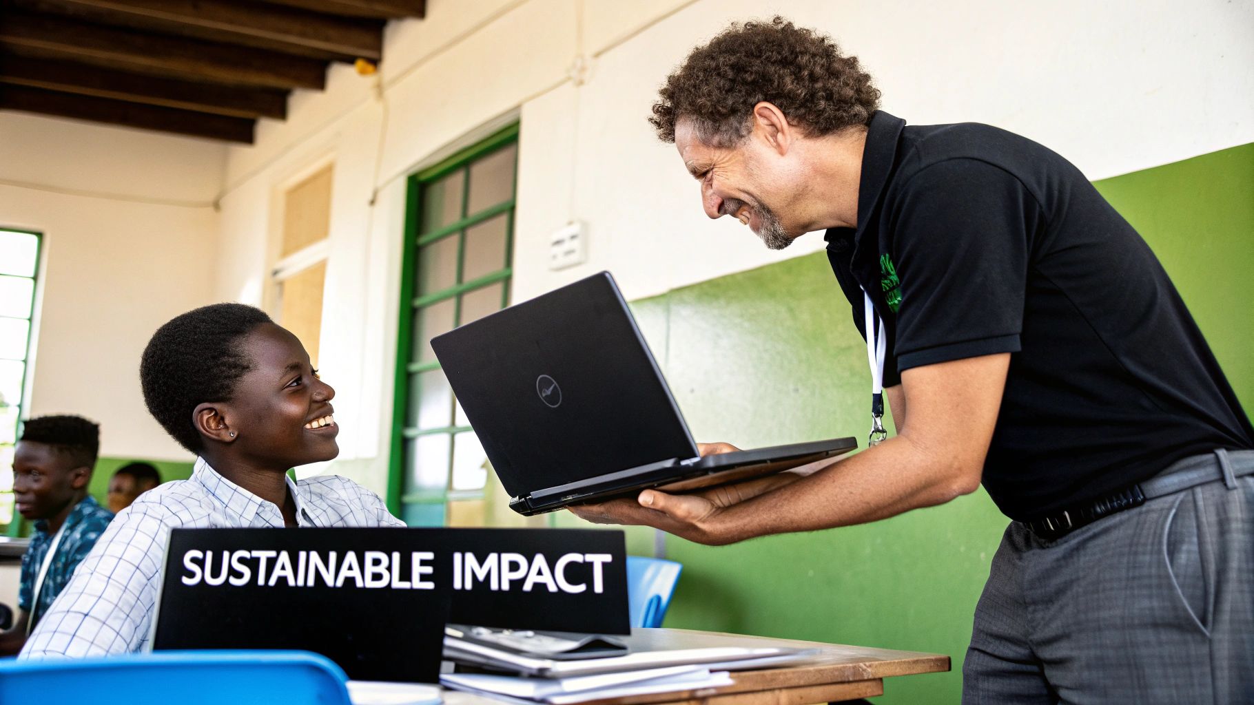 A business meeting where a sustainability leader presents a report showing positive community impact from their electronics recycling partnership, with city skyline in the background.