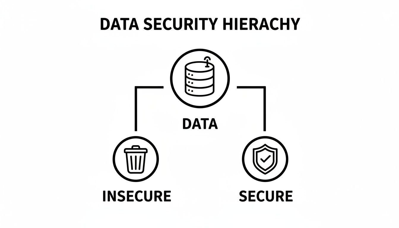 A diagram illustrating the Data Security Hierarchy, showing data leading to either insecure (trash can) or secure (shield) outcomes.