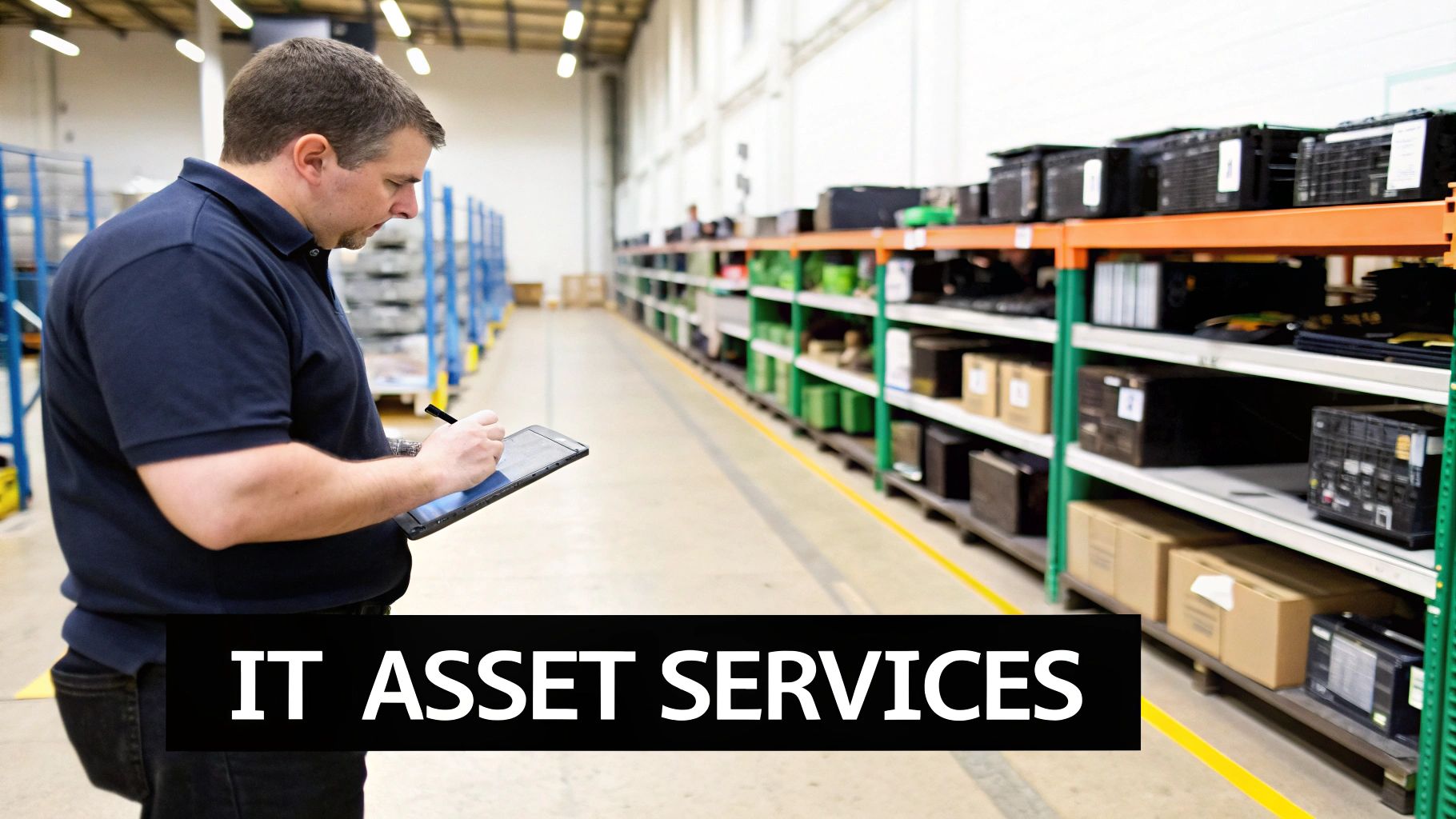 Man in a warehouse checking inventory on a tablet, surrounded by shelves of IT assets for recycling.