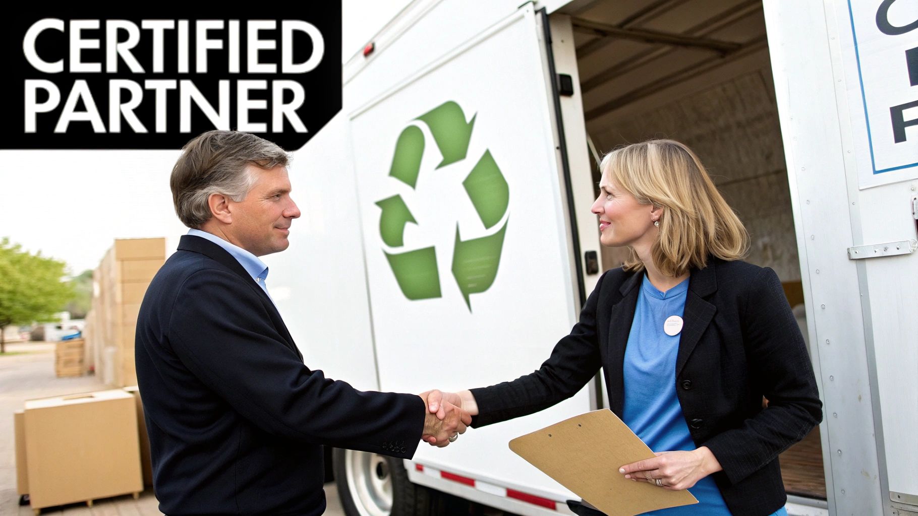 Two certified partners shaking hands in front of a recycling truck with boxes in the background.