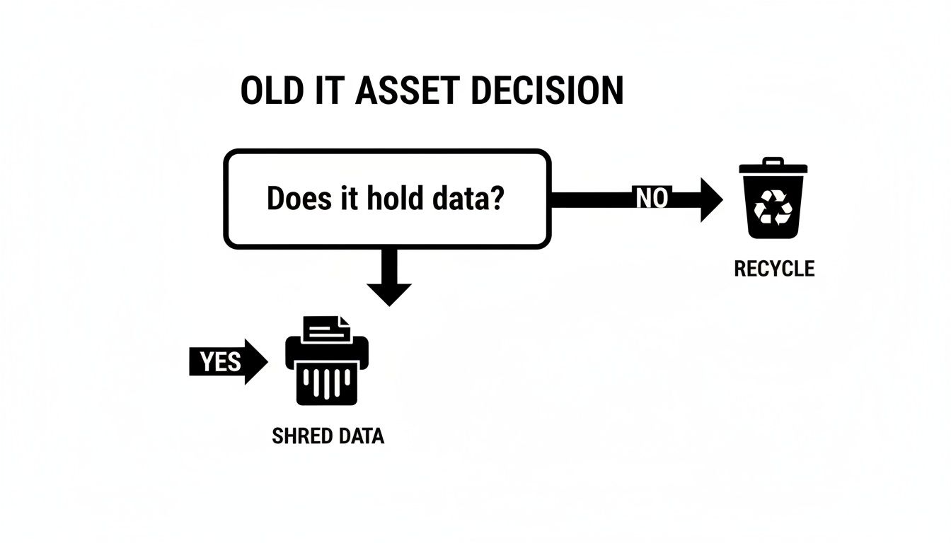 Decision flowchart for old IT assets: shred data if present, otherwise recycle the asset.