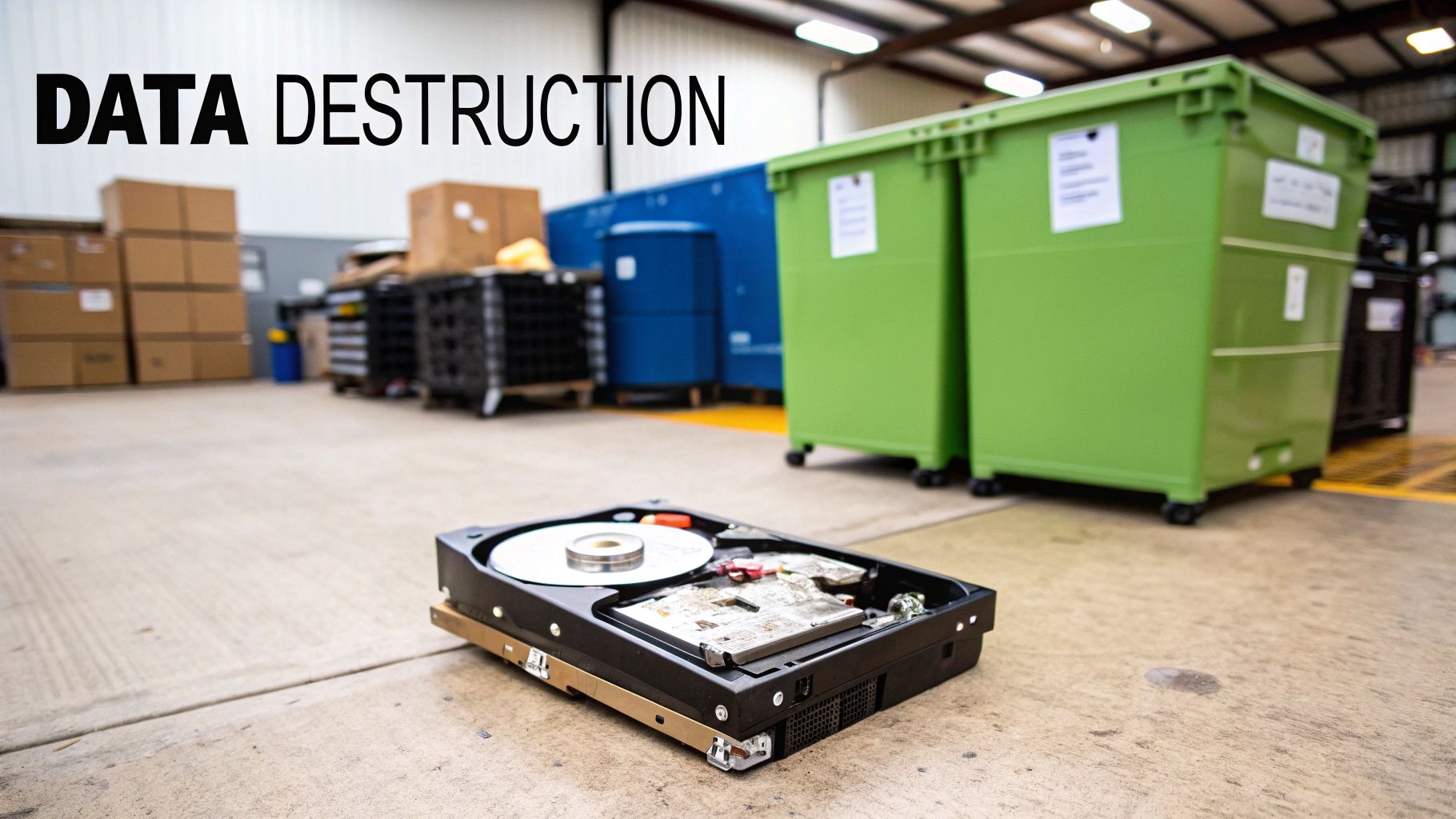 An open, disassembled hard drive on a concrete floor, with 'DATA DESTRUCTION' text and industrial bins.