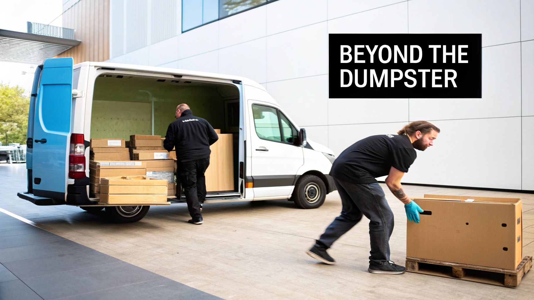 Two movers loading boxes and furniture into a white delivery van outdoors.