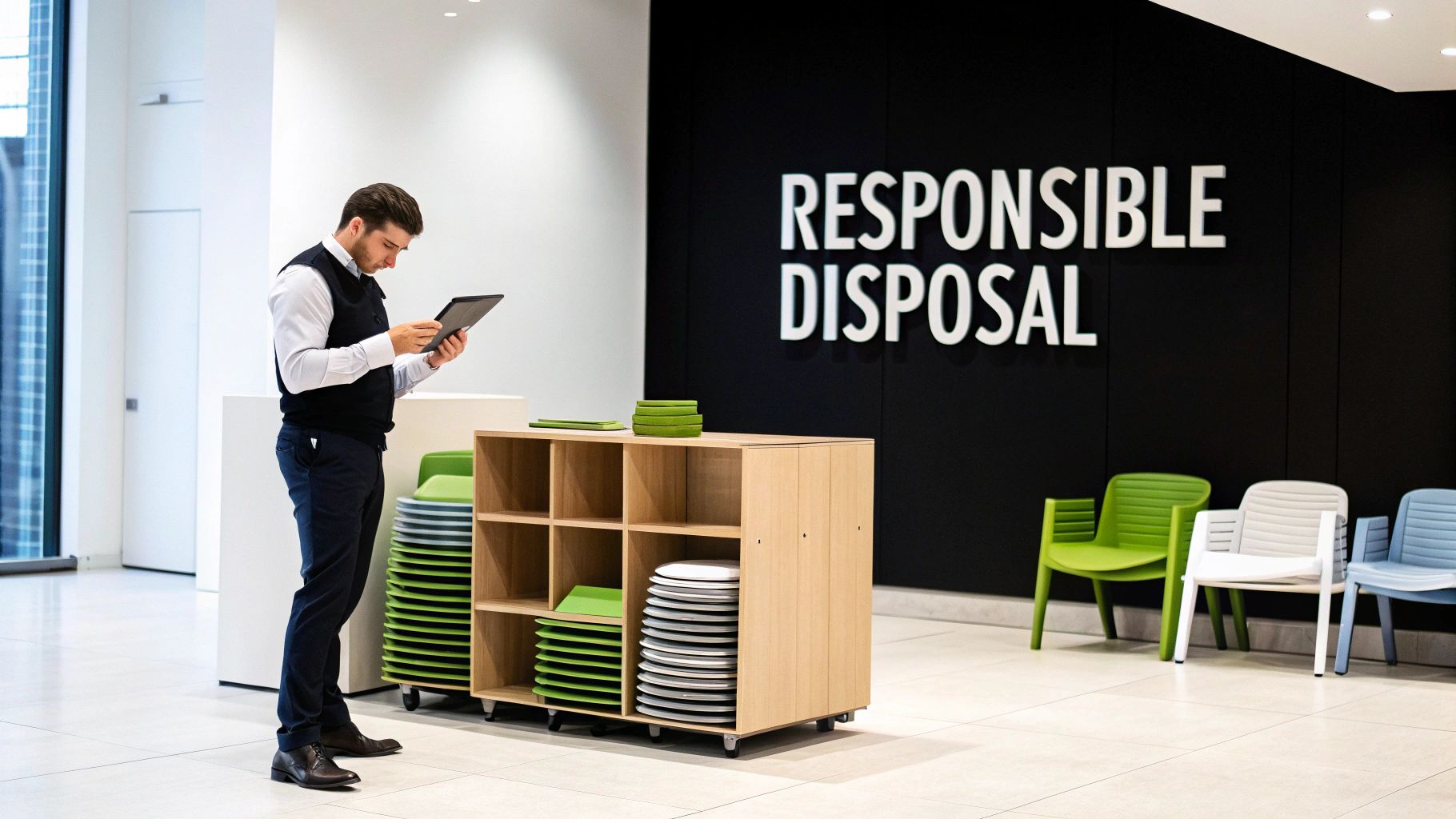 A man reviews data on a tablet in a modern office space featuring a 'Responsible Disposal' wall.