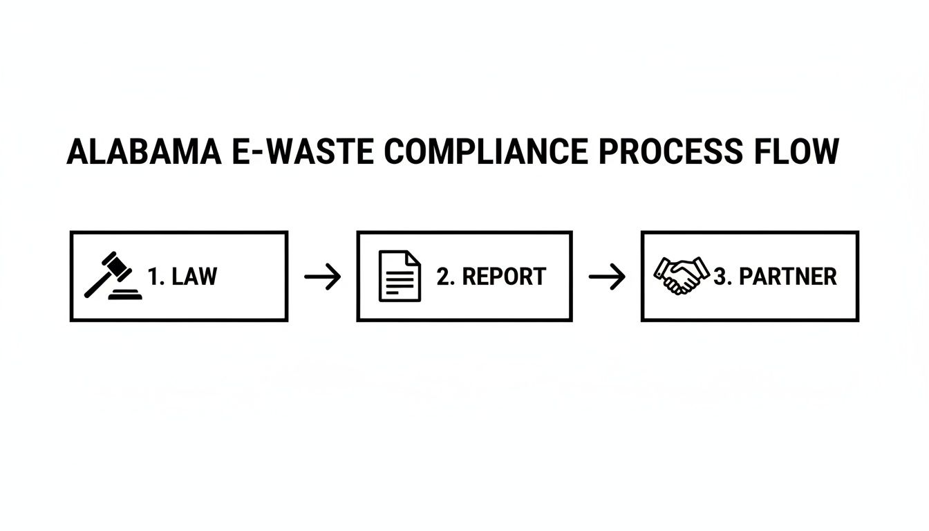 A diagram outlining the Alabama E-Waste Compliance Process Flow, with three steps: Law, Report, and Partner.