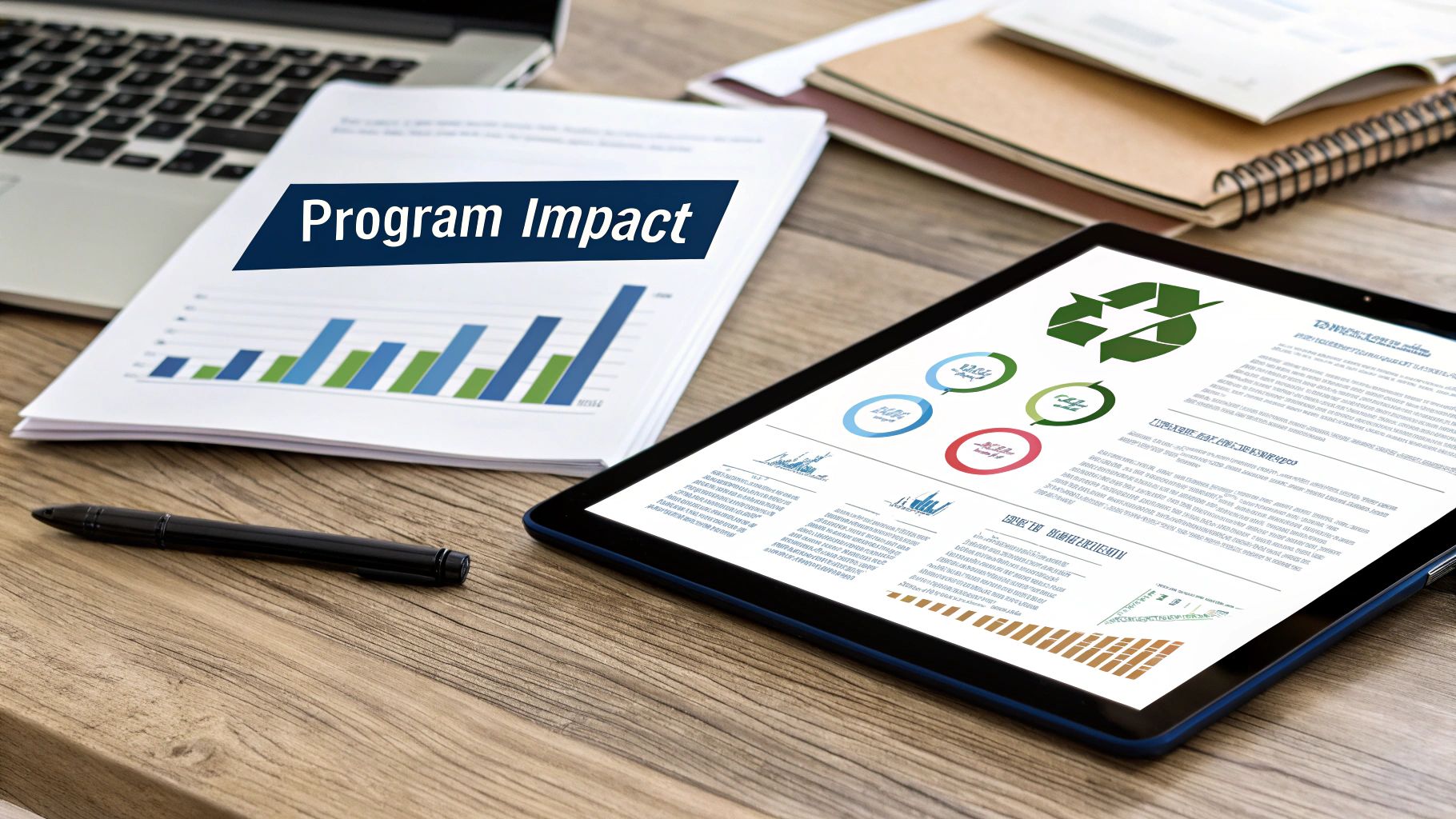 A professional in a business setting analyzes a sustainability report on a tablet, with charts and graphs showing positive environmental impact.