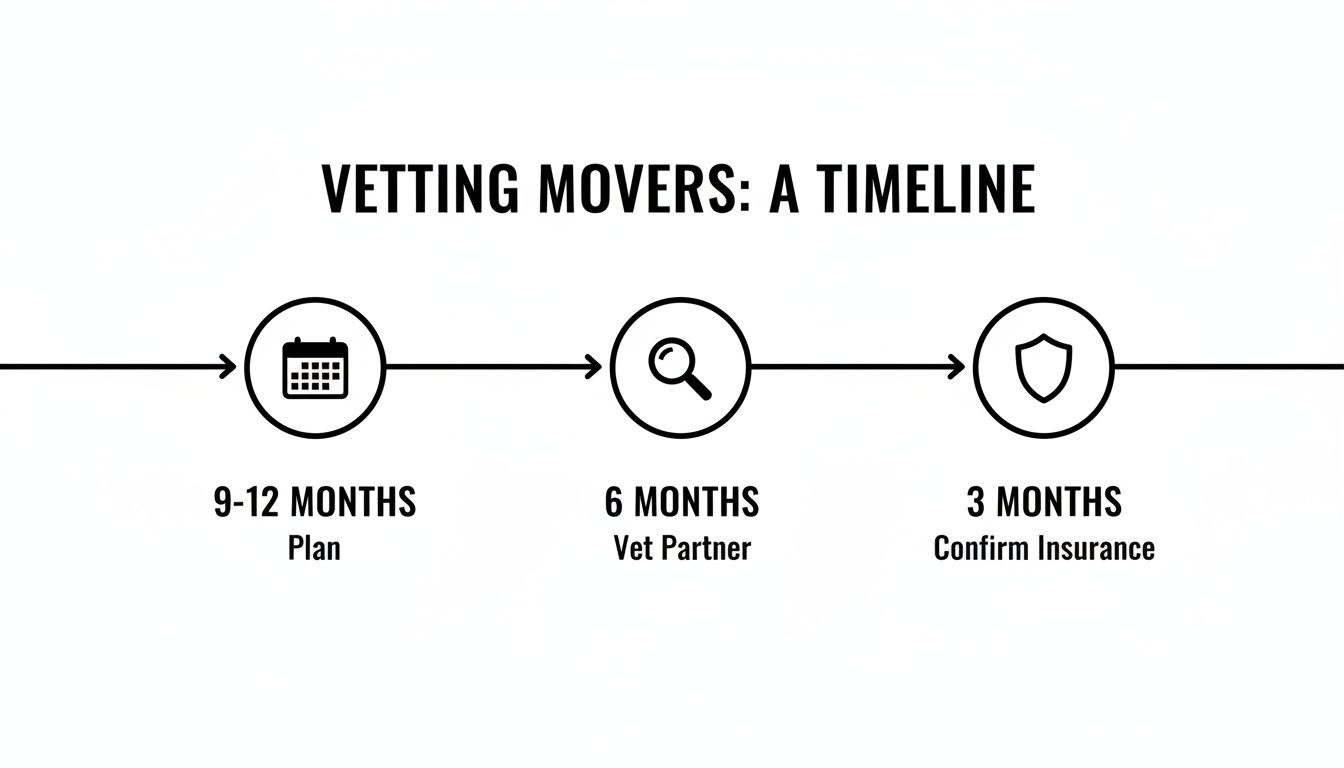 Timeline outlining the steps for vetting movers, including planning, partner vetting, and insurance confirmation.