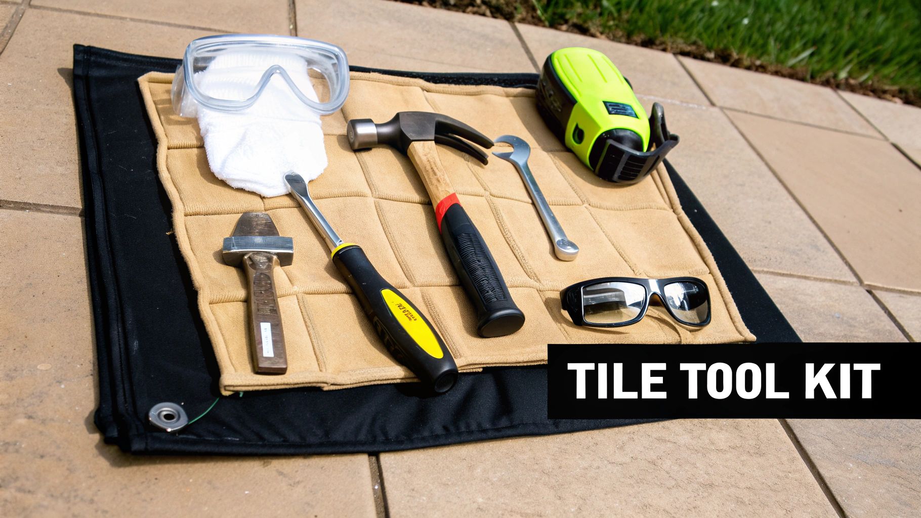 A tile tool kit featuring safety goggles, hammer, pry bar, wrench, and a power tool laid on an outdoor mat.