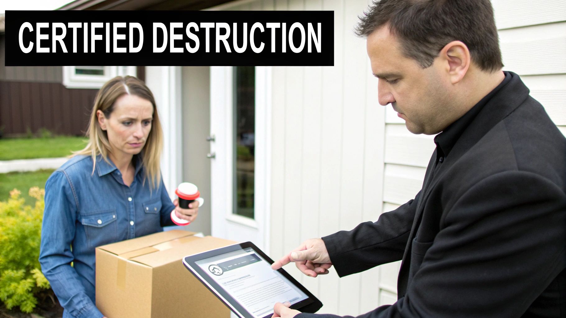 A service professional presents a digital contract on a tablet to a woman holding a box, with a 'Certified Destruction' banner.