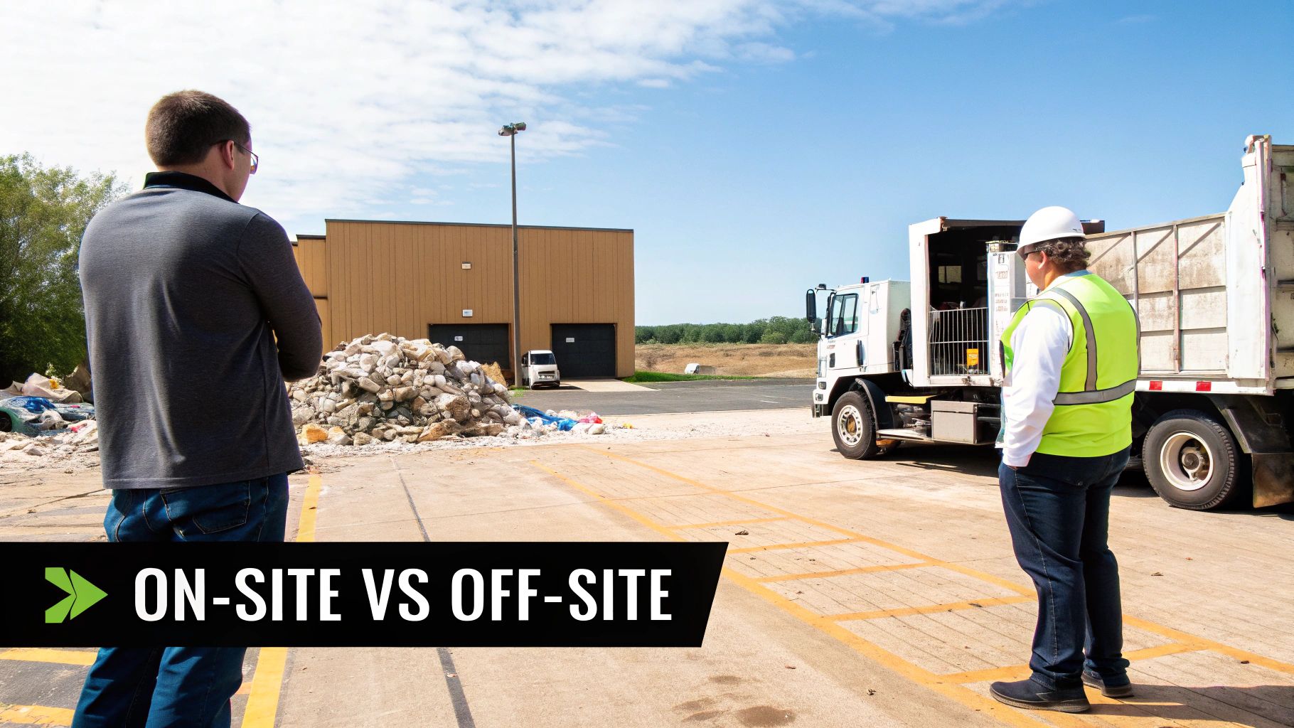 Two workers at a waste management site with a truck and debris, discussing on-site vs off-site disposal.