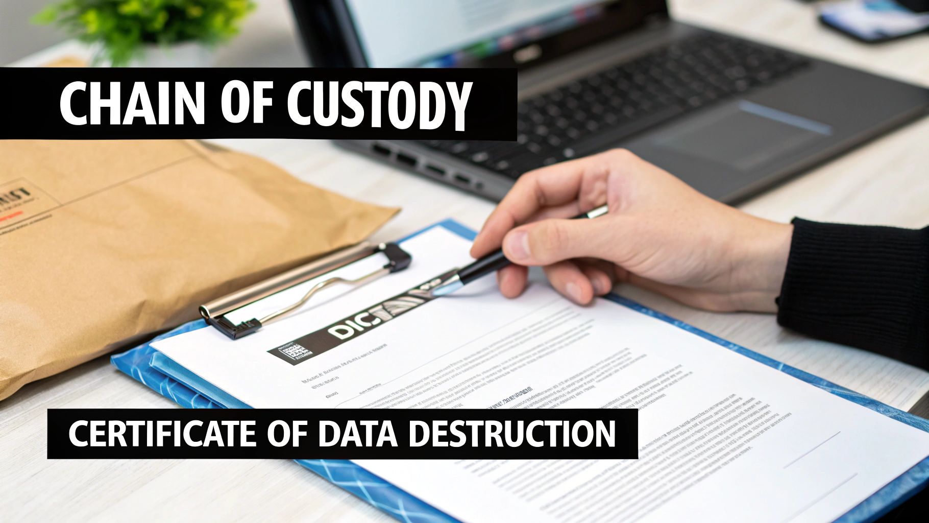 A hand signs a 'Certificate of Data Destruction' document, emphasizing chain of custody for secure data handling.