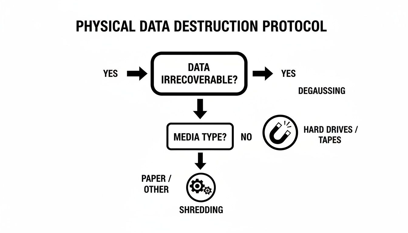 Flowchart illustrating a physical data destruction protocol for various media types.