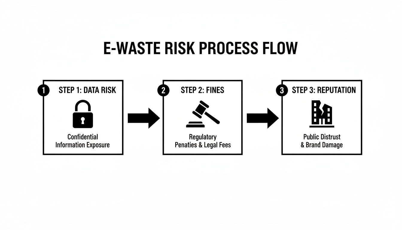 E-waste risk process flow illustrating data exposure, regulatory fines, and reputation damage.