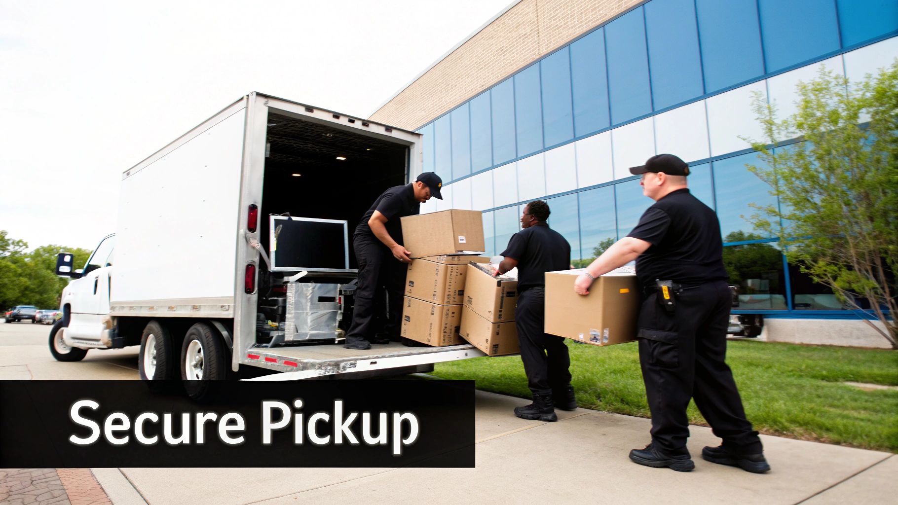 A team of professionals loading neatly packed IT equipment onto a truck, showcasing an organized e-waste pickup service.