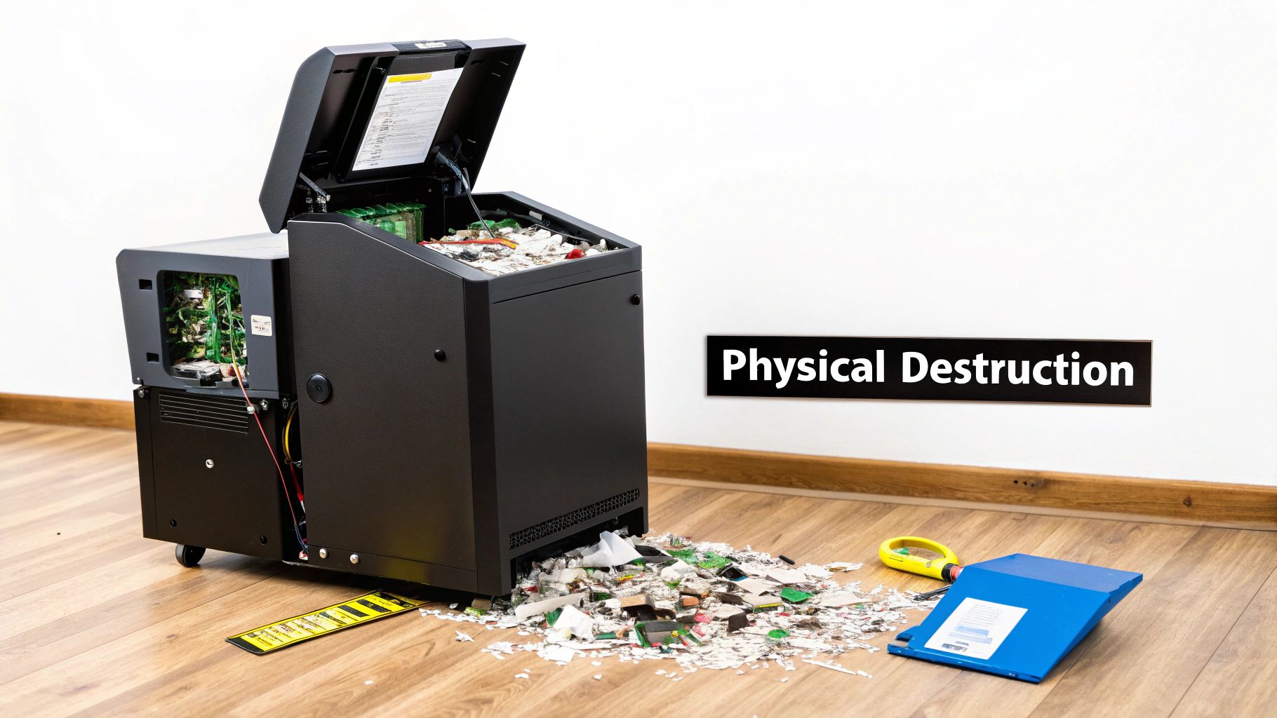 A data destruction machine shreds electronic components, creating a pile on the floor, next to a 'Physical Destruction' sign.
