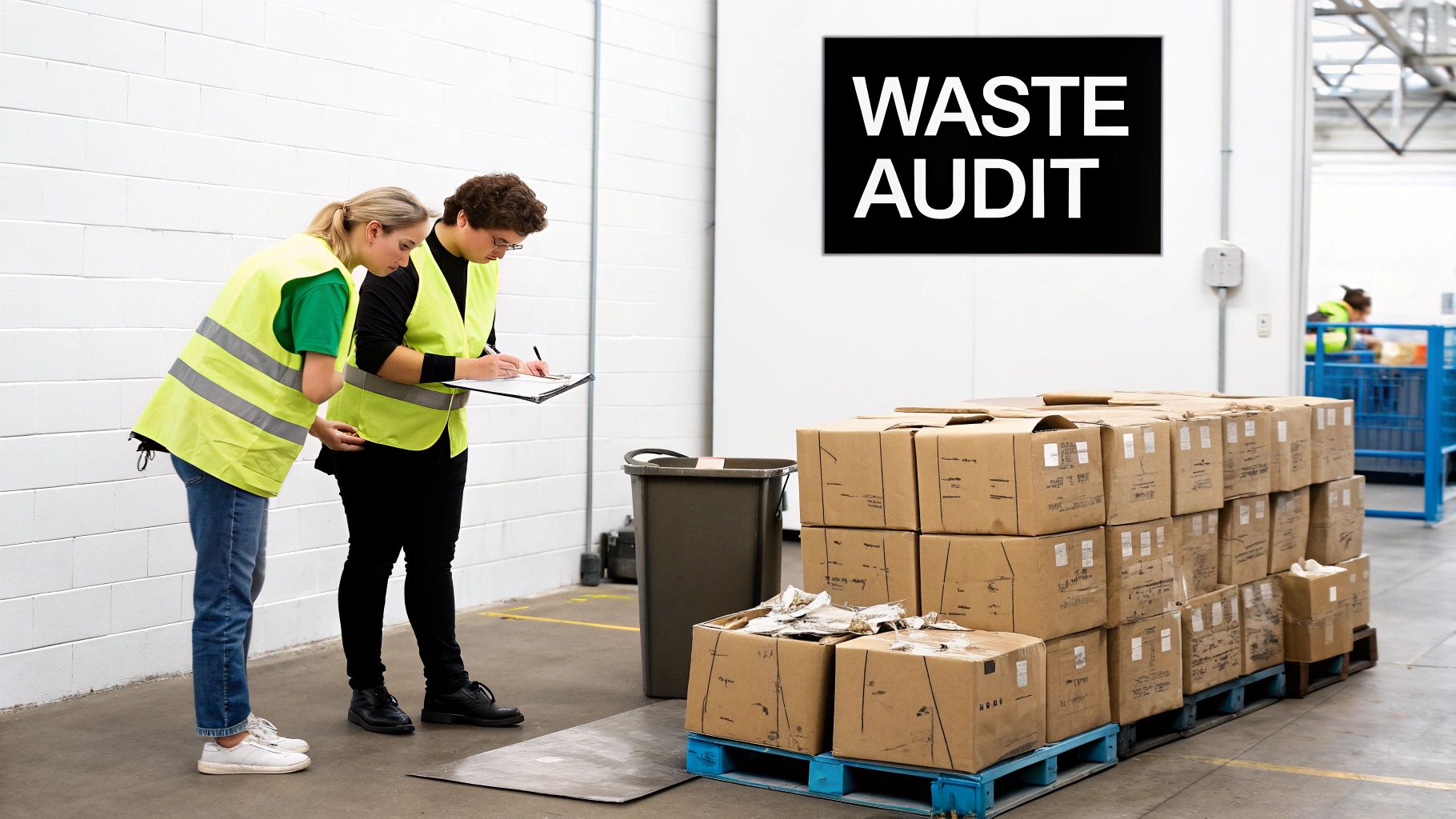 Two workers in high-visibility vests conduct a waste audit, examining documents near cardboard boxes on pallets.