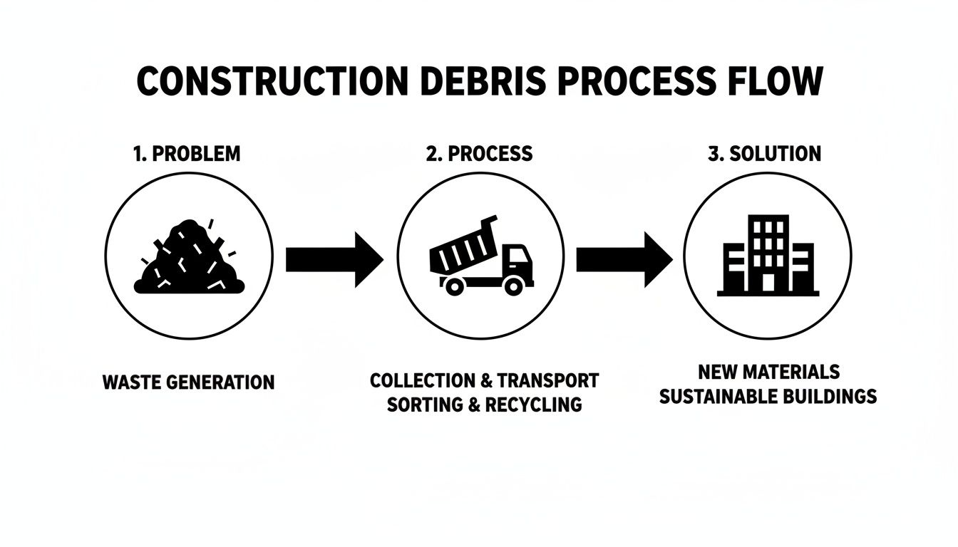 A process flow diagram illustrating construction debris management from waste generation to new sustainable buildings.