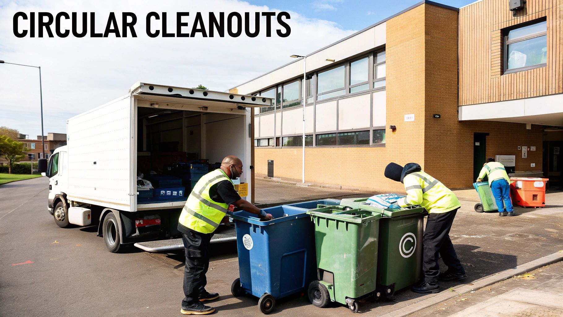 Workers in high-visibility vests sort items into blue and green bins next to a removal truck.