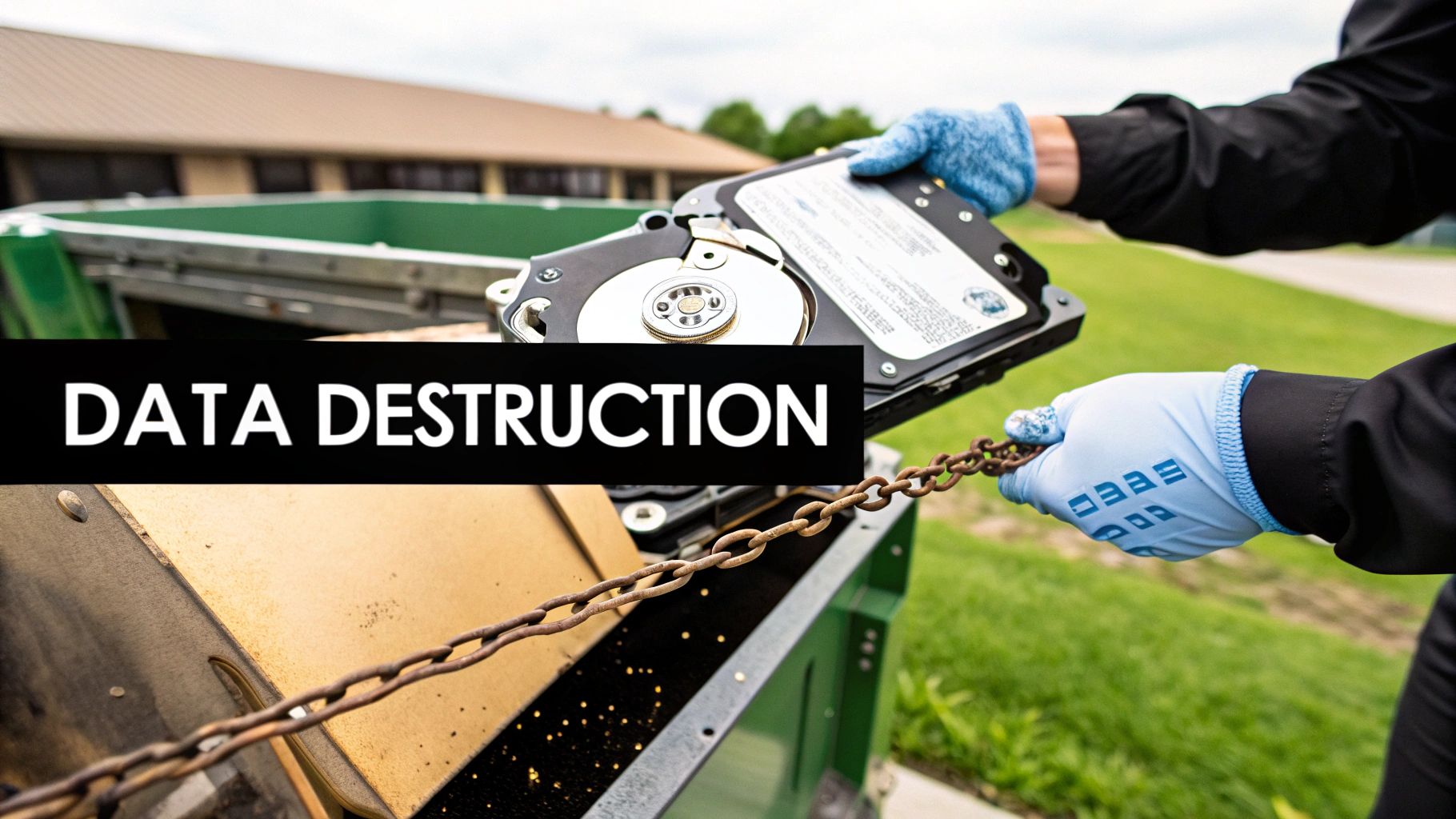 A person in blue gloves disassembles a hard drive for data destruction in a shredder.