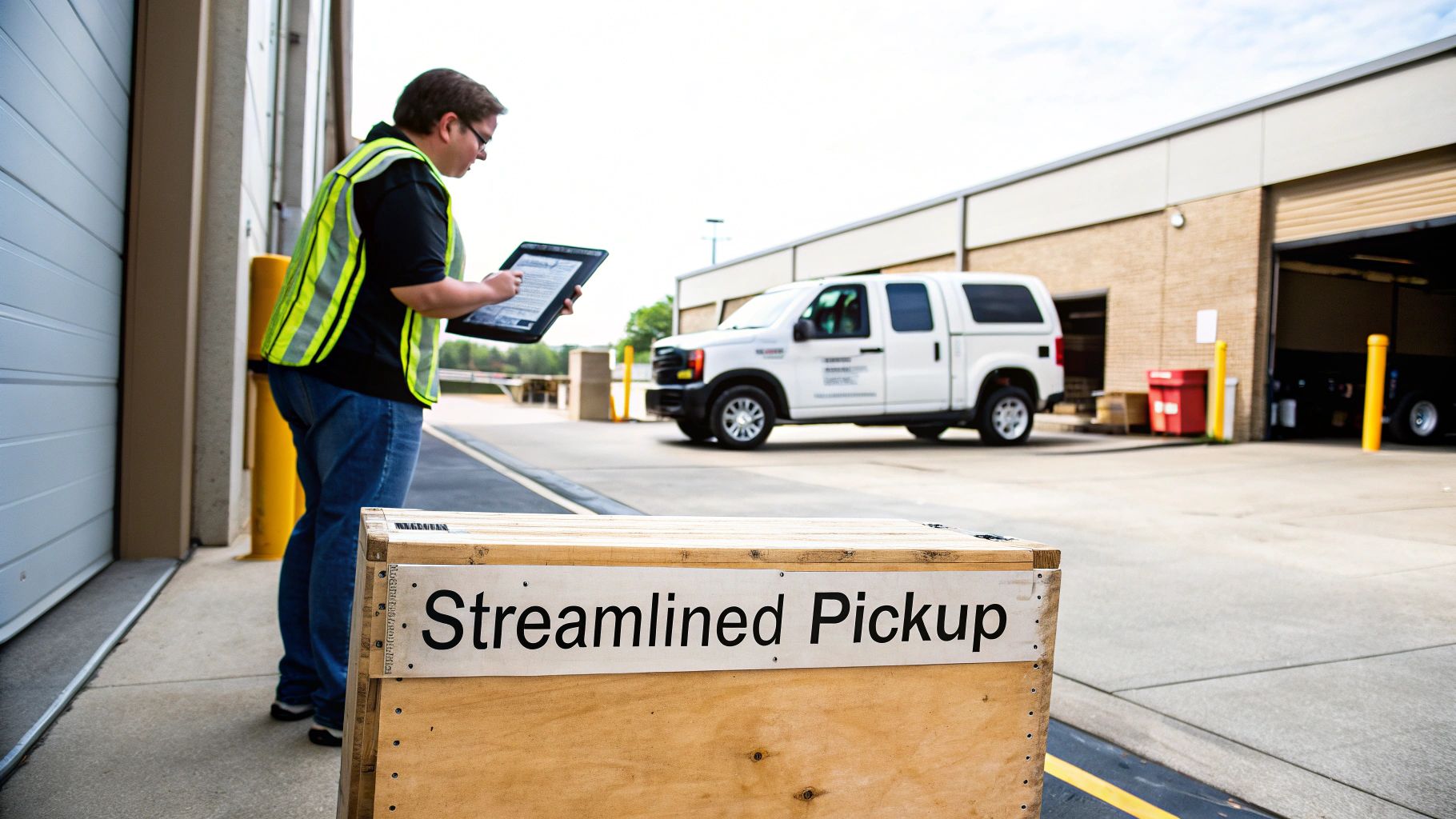 A worker in a safety vest uses a tablet next to a crate labeled 'Streamlined Pickup'.