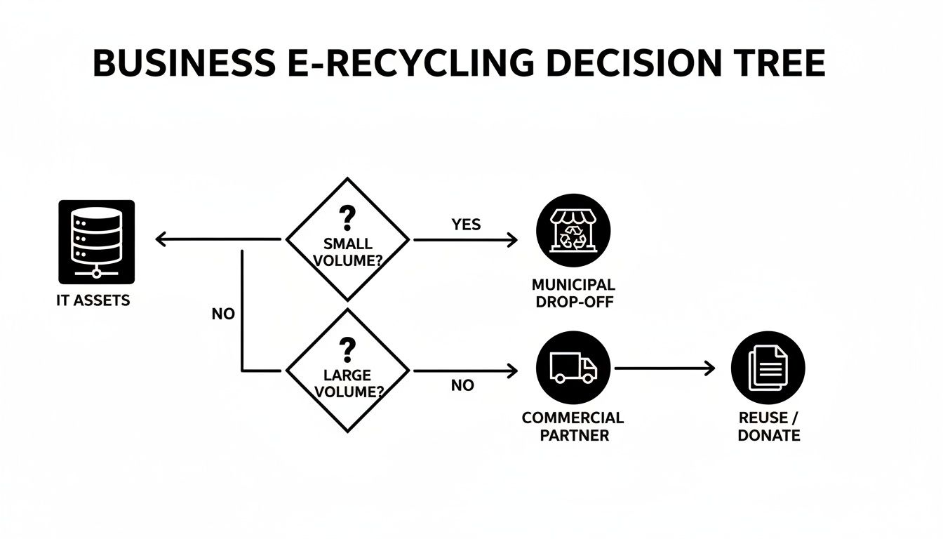Decision tree for business e-recycling, showing paths for IT assets based on small or large volumes.
