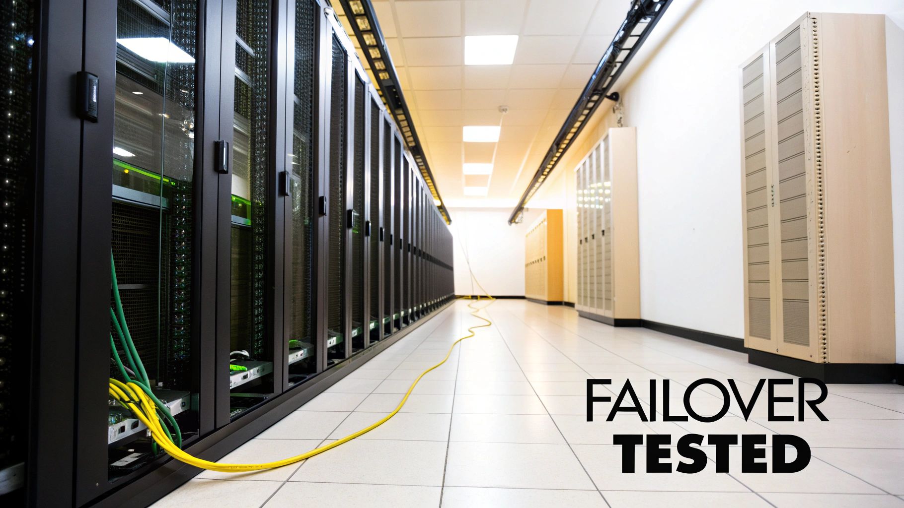 A long aisle in a data center with rows of server racks, network cables on the floor, and 'FAILOVER TESTED' text.