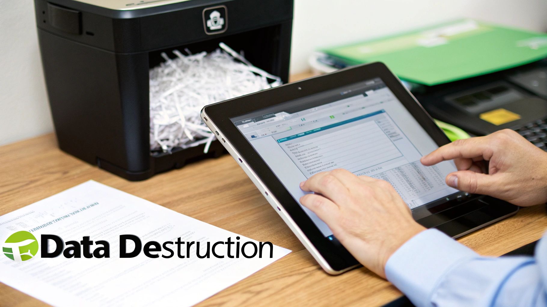 Close-up of hands using a tablet on a wooden desk, with a paper shredder and shredded documents, highlighting data destruction services.