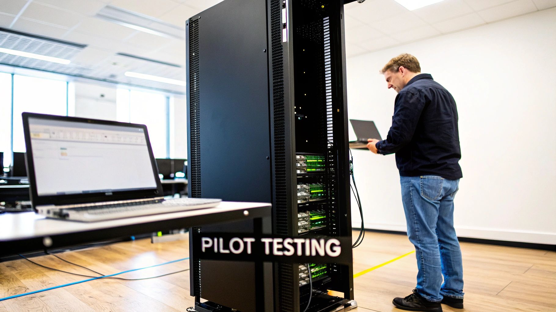 A man performs pilot testing, working on a laptop connected to a server rack.