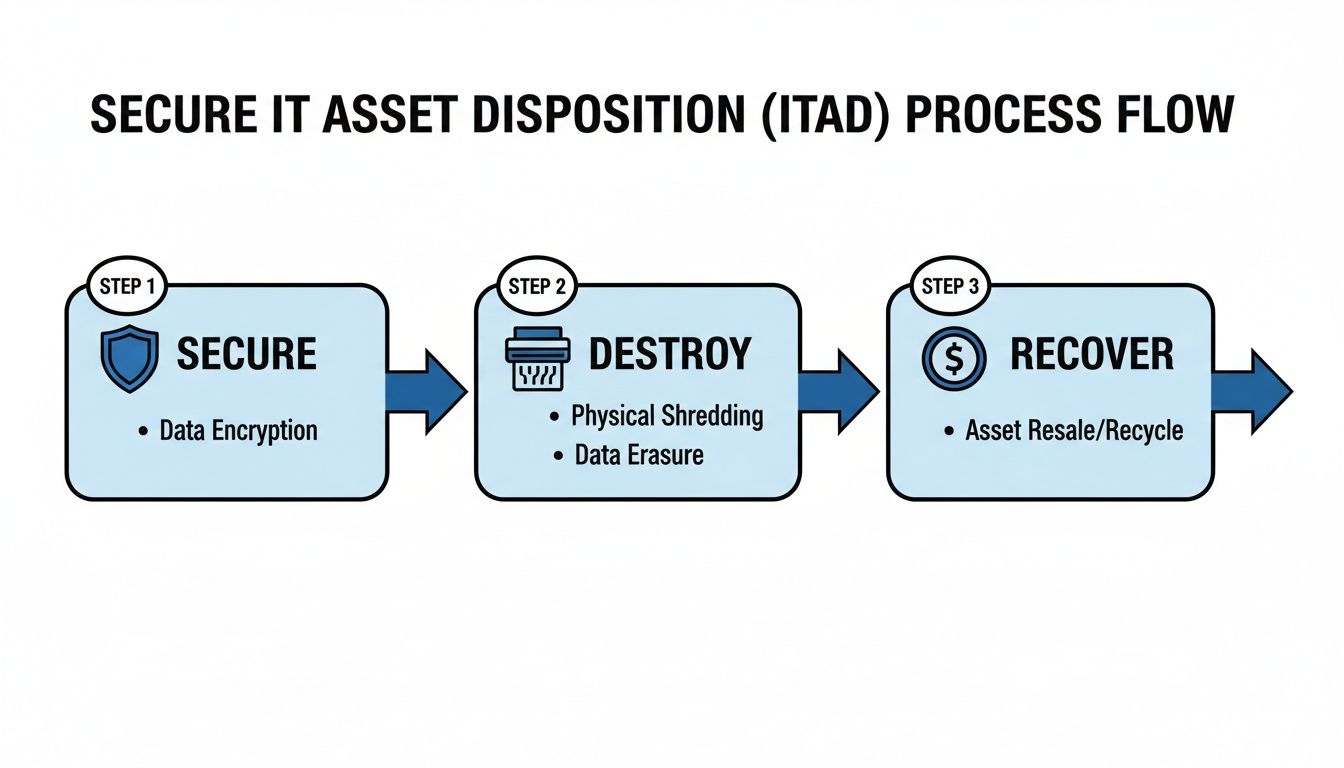 A flowchart illustrating the Secure IT Asset Disposition (ITAD) process with three steps: secure, destroy, and recover.