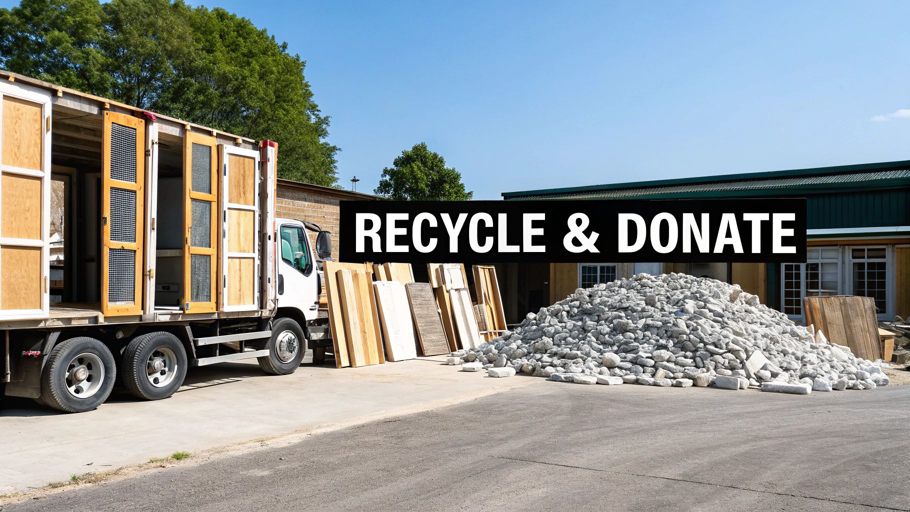 Recycling and donation center with construction materials, debris pile, and delivery truck at facility