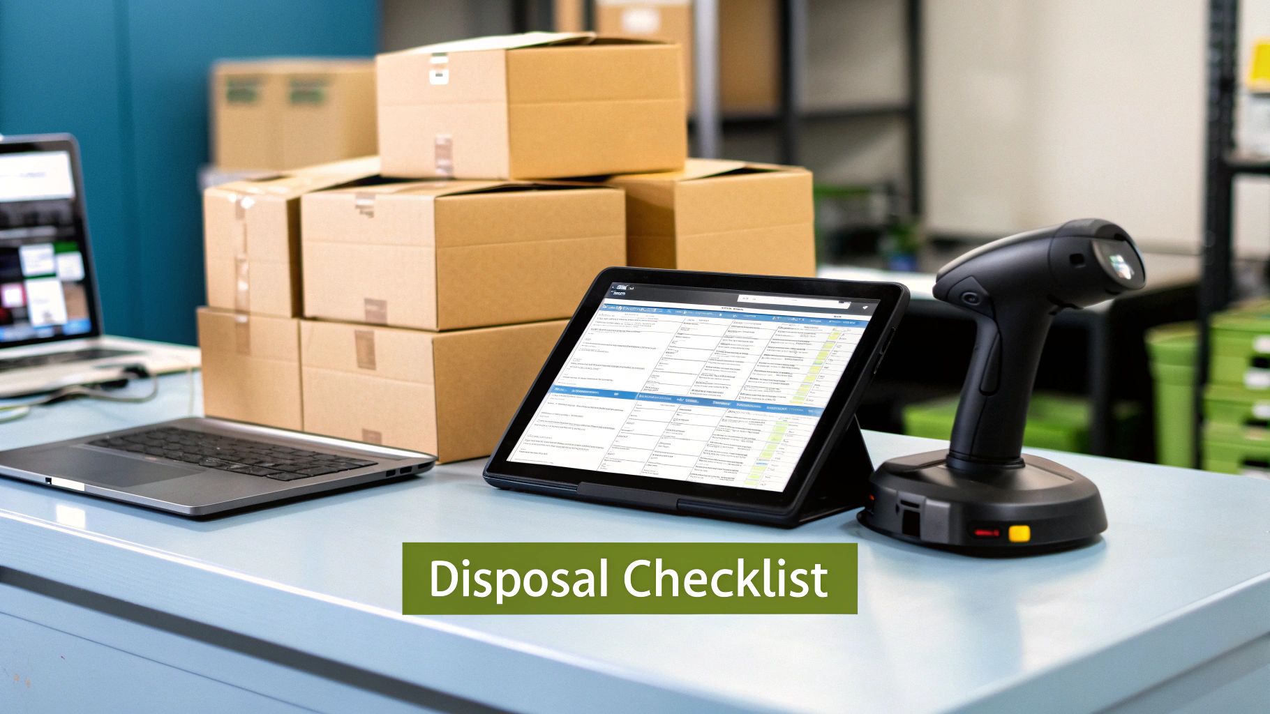 A desk with a laptop, tablet displaying a disposal checklist, barcode scanner, and stacked boxes.