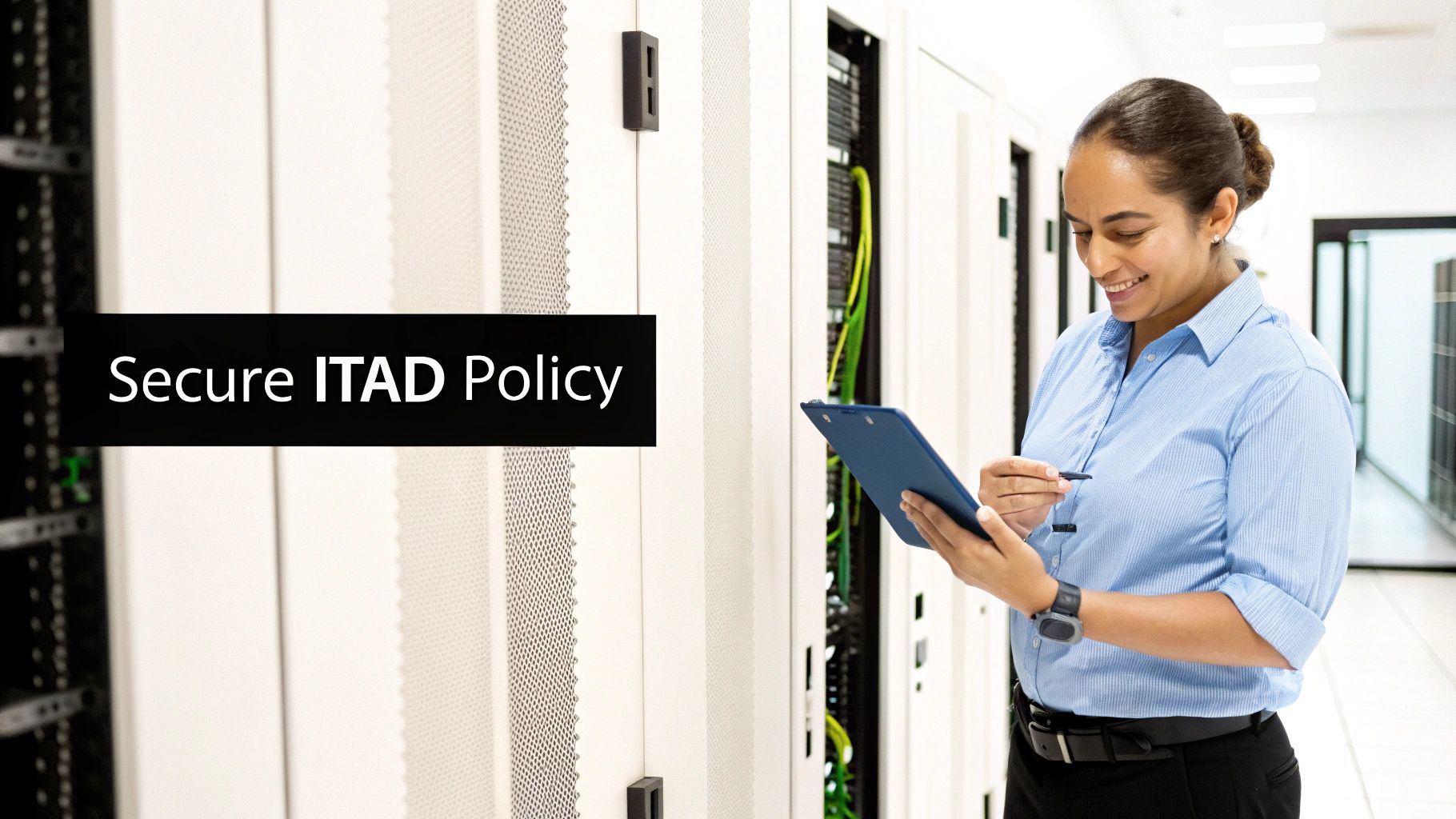 A smiling woman reviews a clipboard in a data center, with server racks and a 'Secure ITAD Policy' sign.