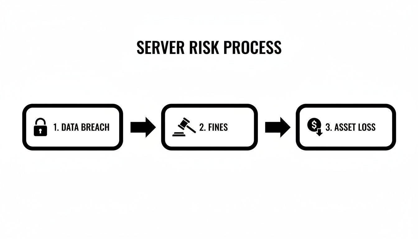 A diagram illustrating the server risk process, showing data breach leading to fines, which then leads to asset loss.