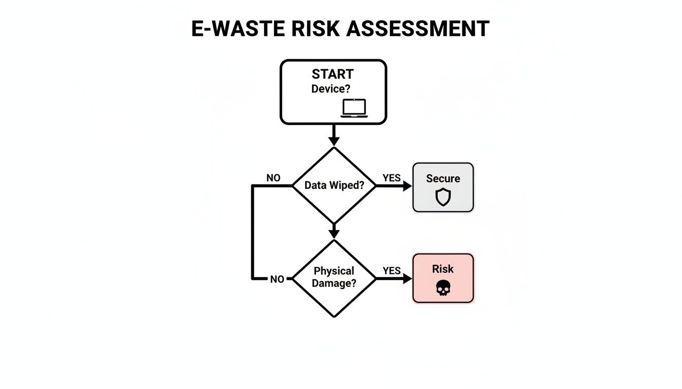 A flowchart for assessing e-waste risk, outlining steps for device data security and physical damage.